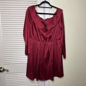 Fashion Nova Soft Nights Off Shoulder Red Satin Mini Dress Size 2X Long Sleeves